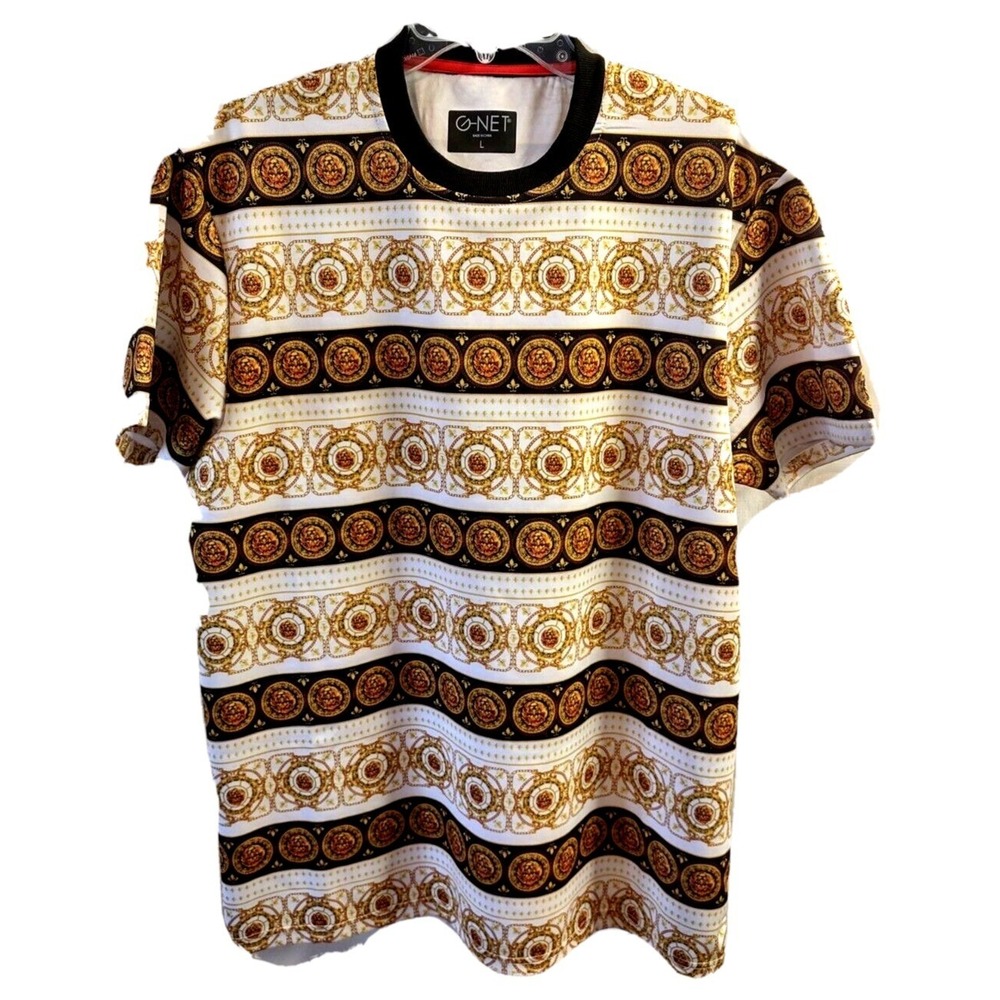 G-NET Shirt Large Mens Baroque Lion Head Gold Chain Bold Streetwear White Gold‎